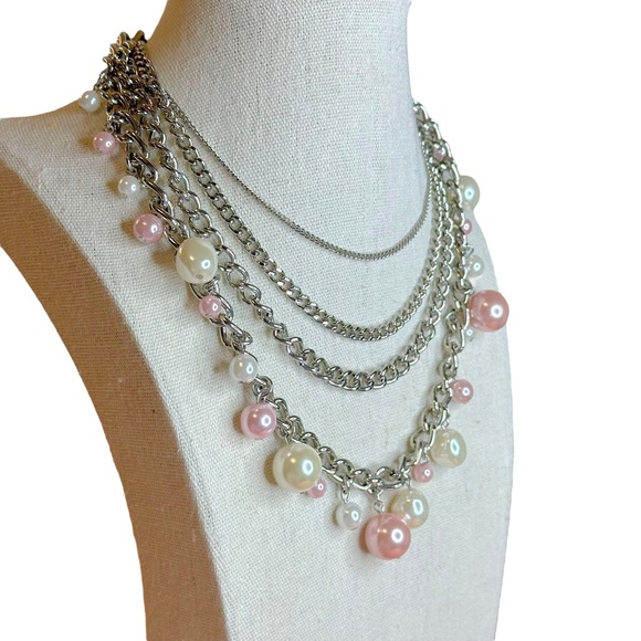 Y2K Vintage Iridescent Baby Pink & Ivory Faux Pearl Multi Strand Chain Necklace - Picture 2 of 4